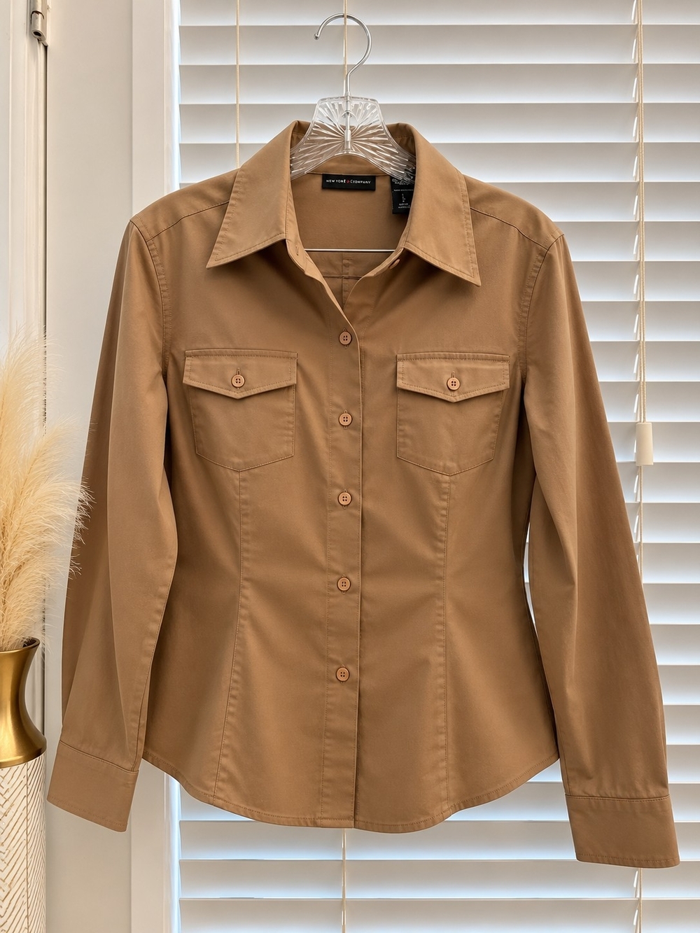 New York & Company Tan Button-Front Shirt